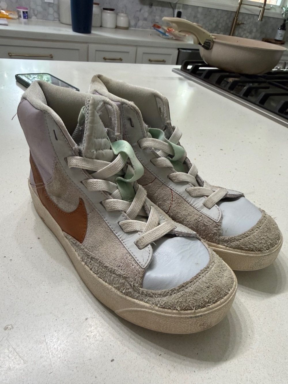 Nike Kids High-Top Sneakers in Beige with Brown Swoosh